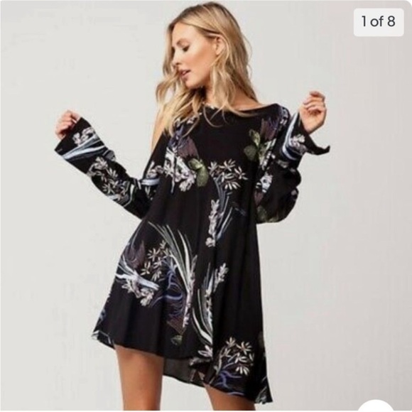 Free People Clear Skies Printed Cold Off The Shoulder Tunic Dress Black Floral - Picture 15 of 15